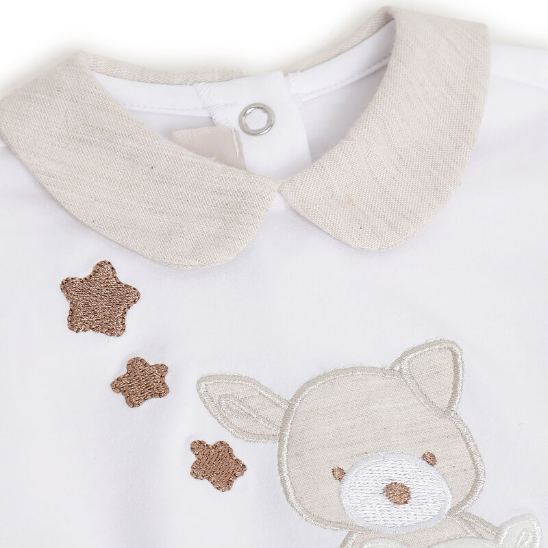 Boys White Applique Nappy Opening Babysuit image number 2